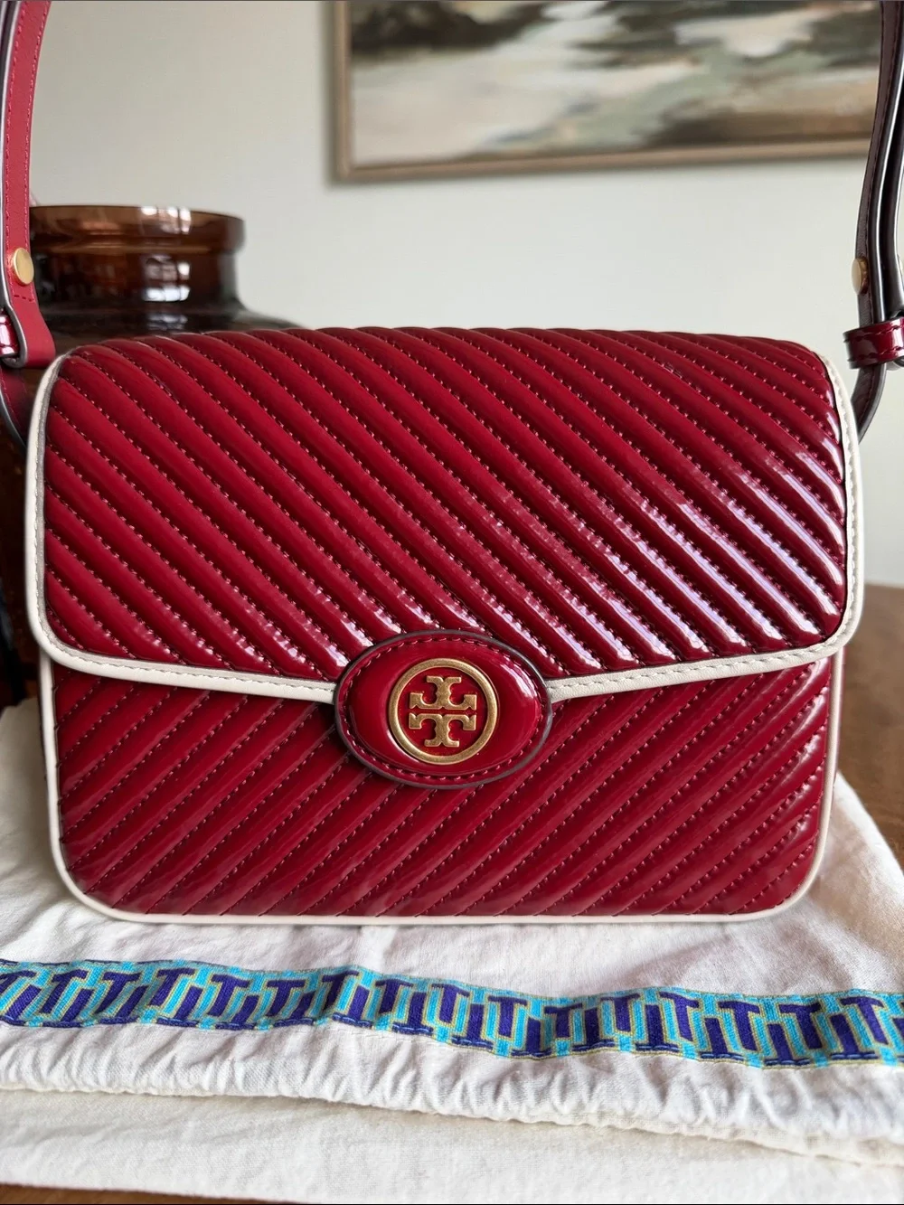 Tory Burch Robinson Patent Quilted Convertible Shoulder Bag- Authentic